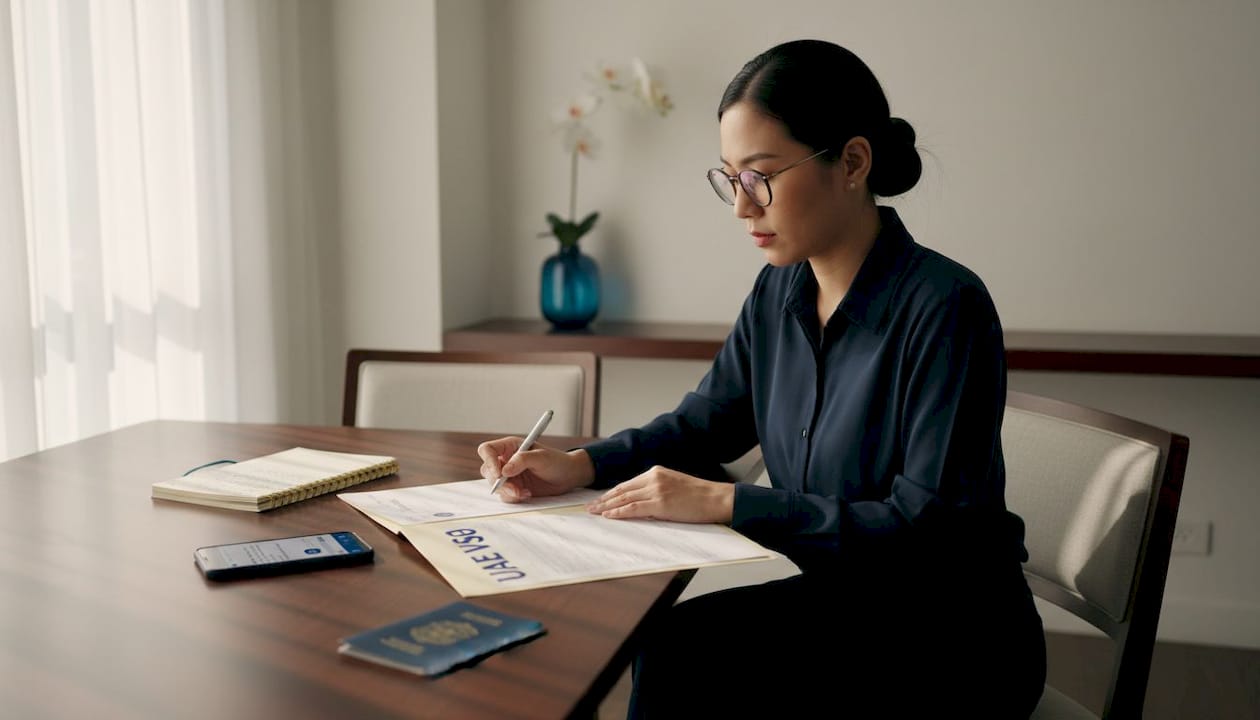 Filipino woman reviewing UAE visa paperwork