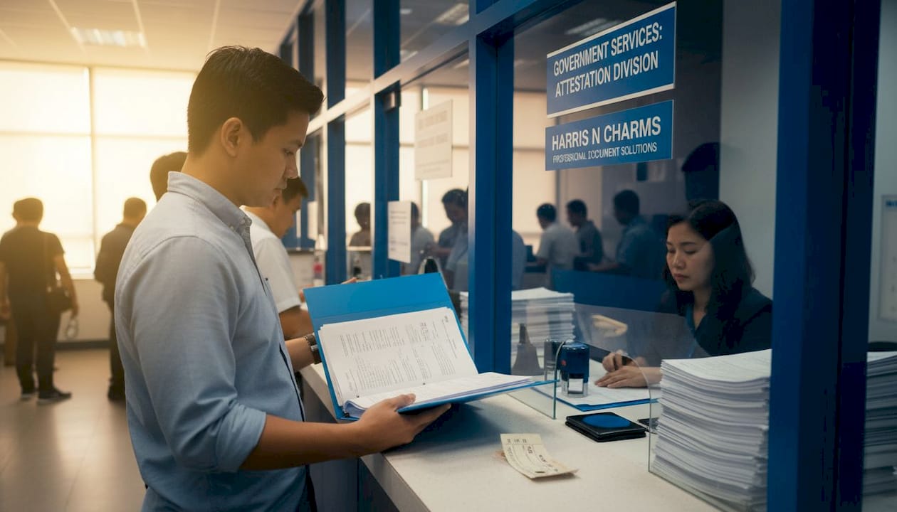 Man submitting attestation forms at office counter