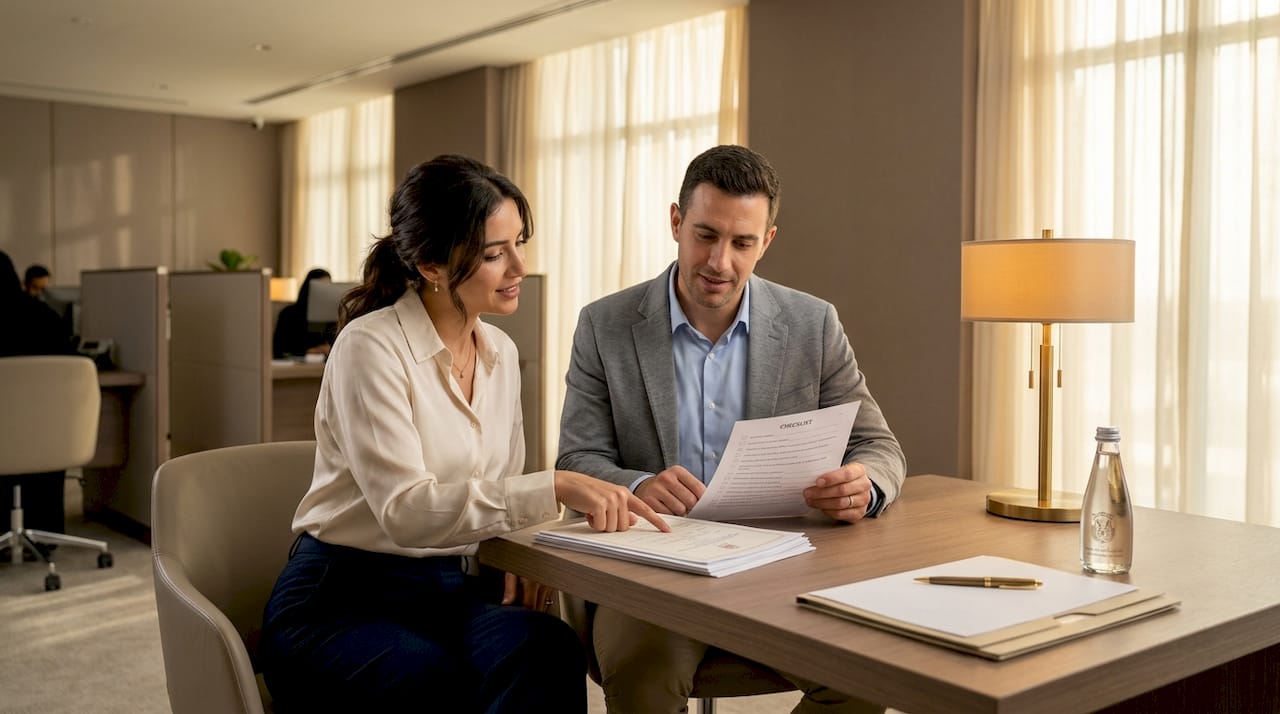 Couple reviewing marriage documents in UAE office