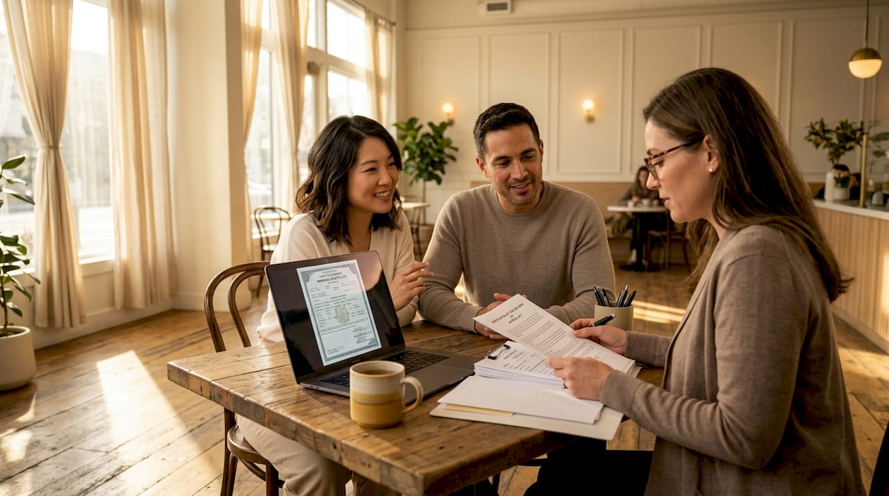 Couple submitting marriage certificate paperwork