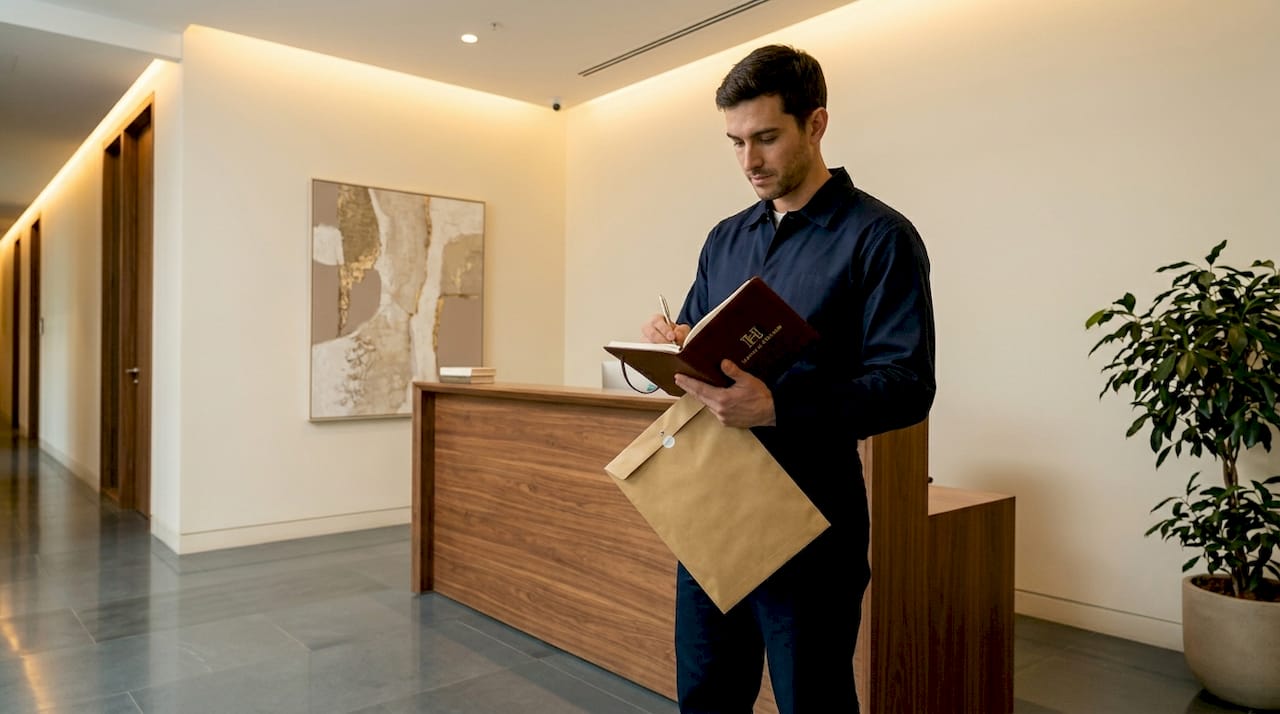 Courier delivering official documents at security desk