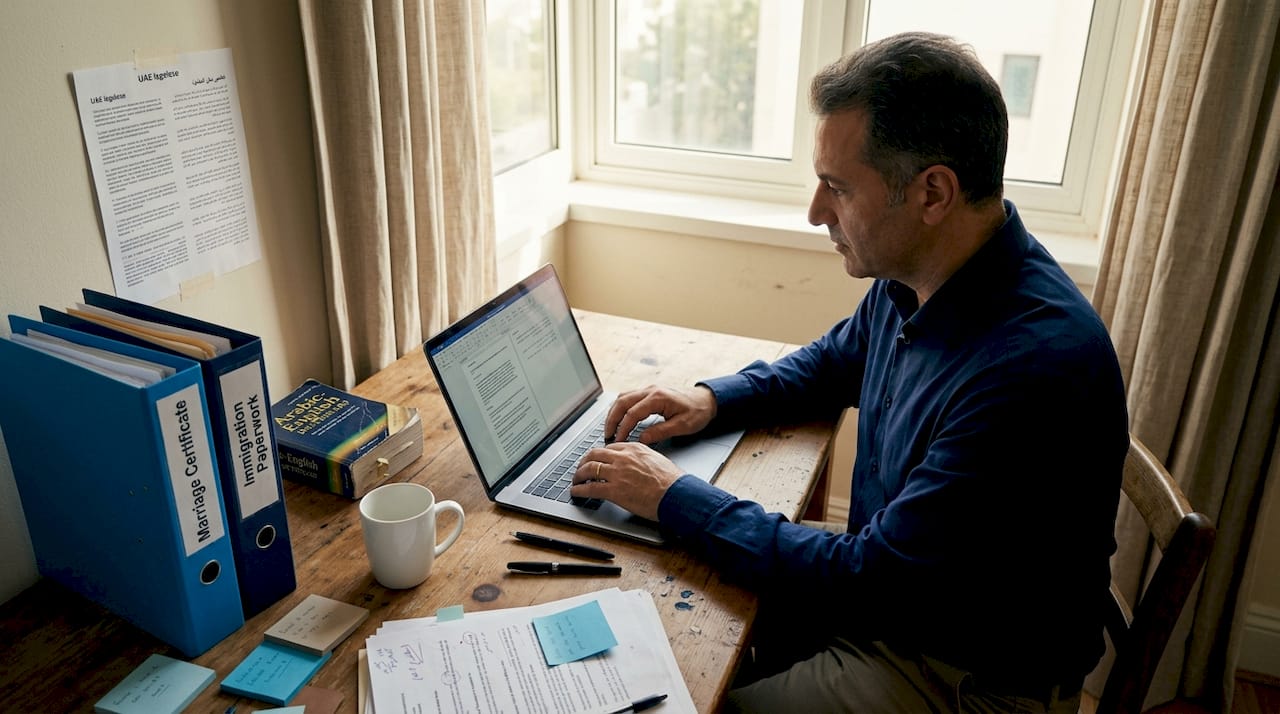 Translator working on official Arabic document translation