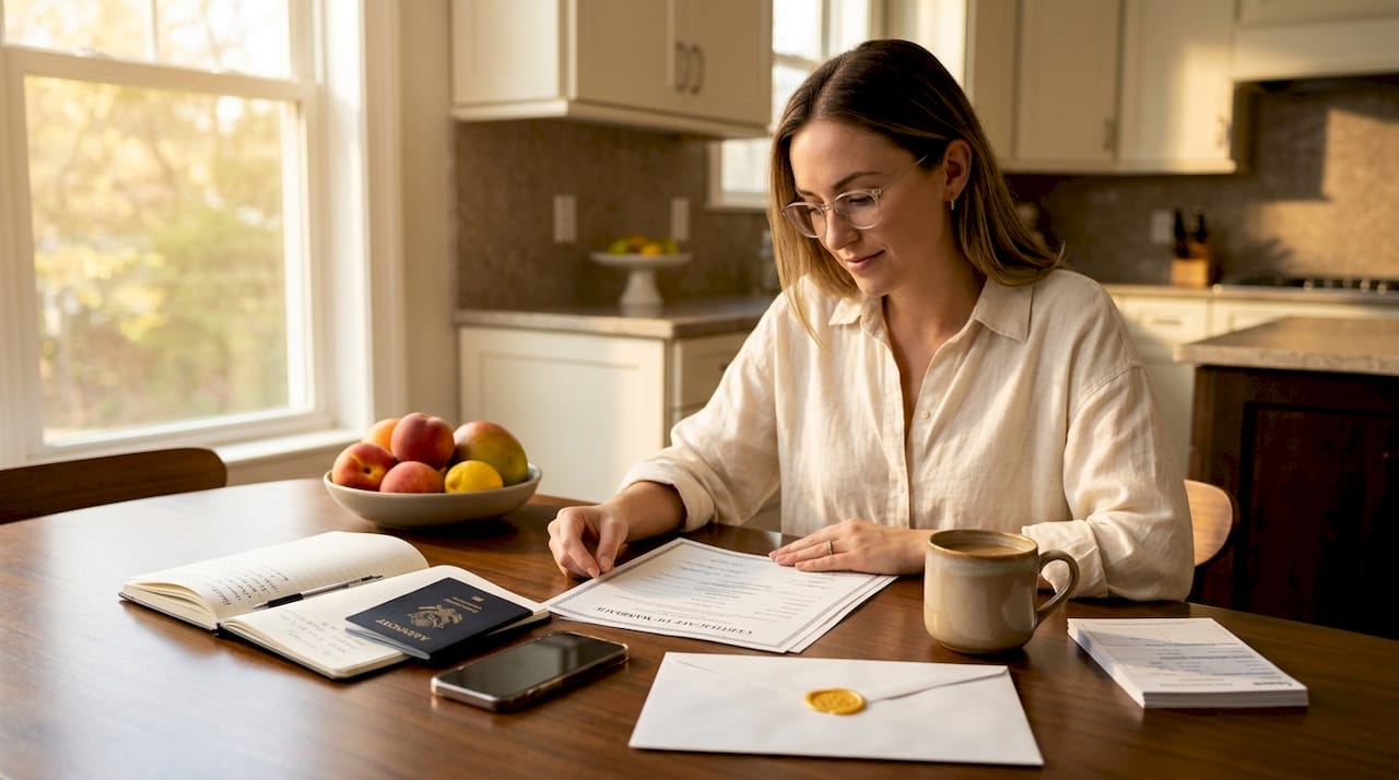 Expat woman reviewing UAE marriage certificate at home