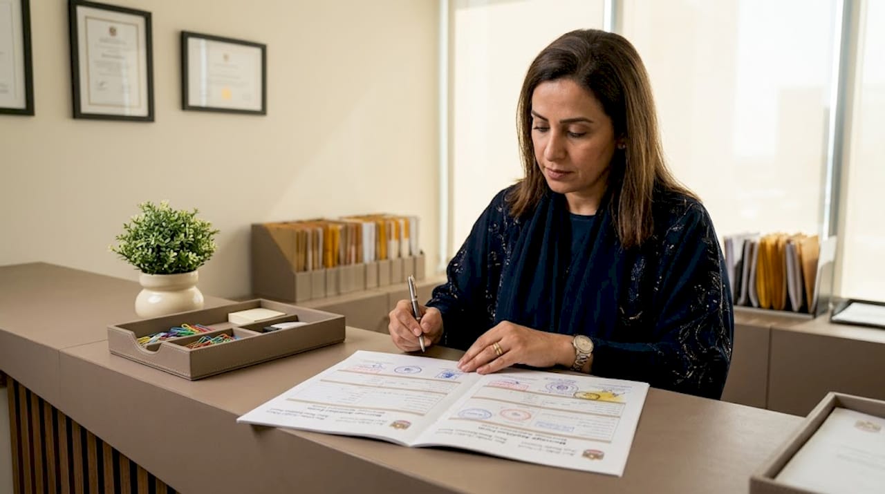 Court clerk reviewing marriage forms Abu Dhabi