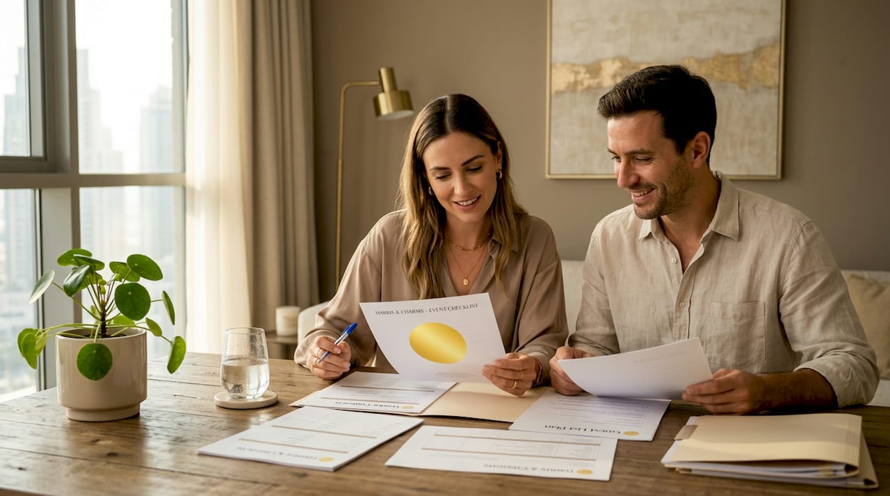 Couple organizing marriage documents at kitchen table