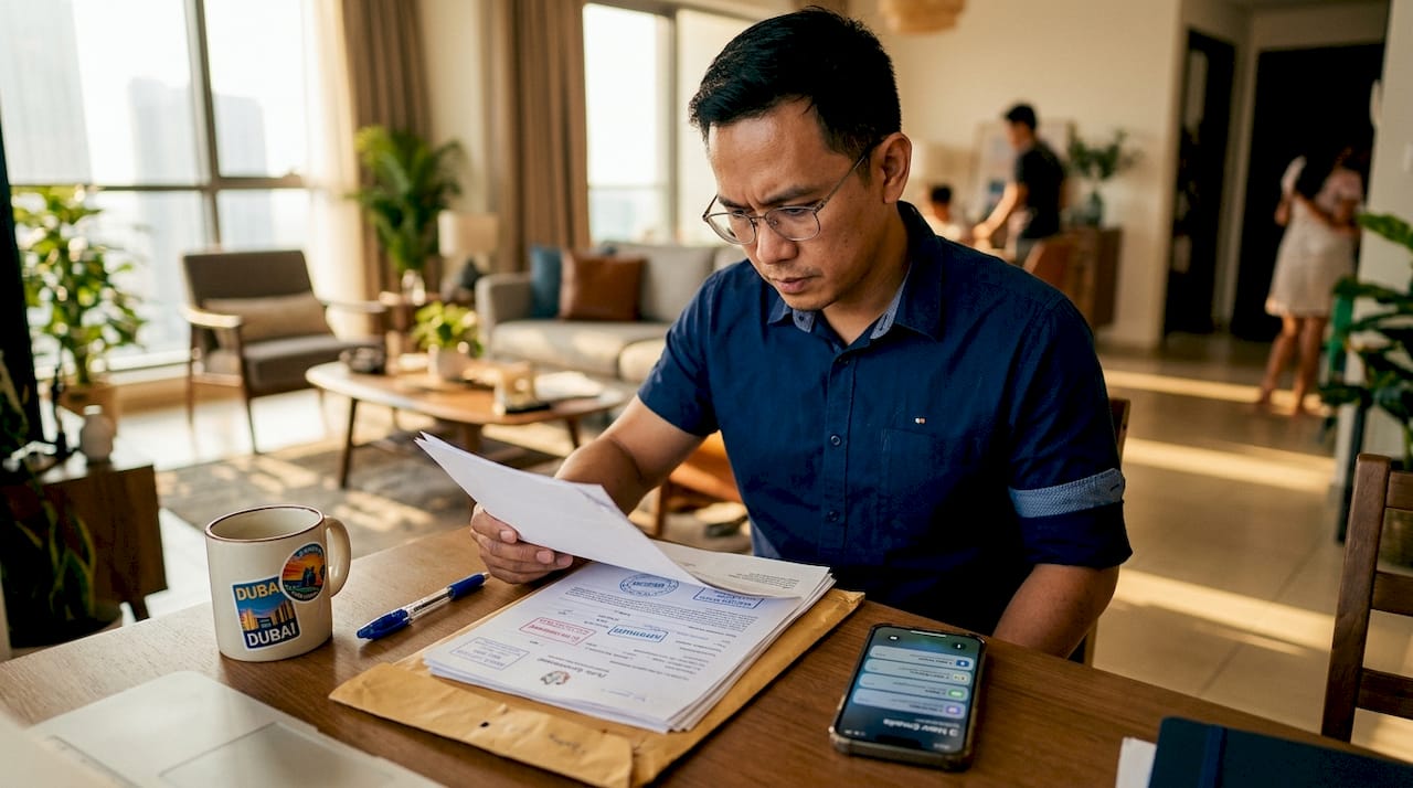 Filipino expat reviews official documents in shared apartment