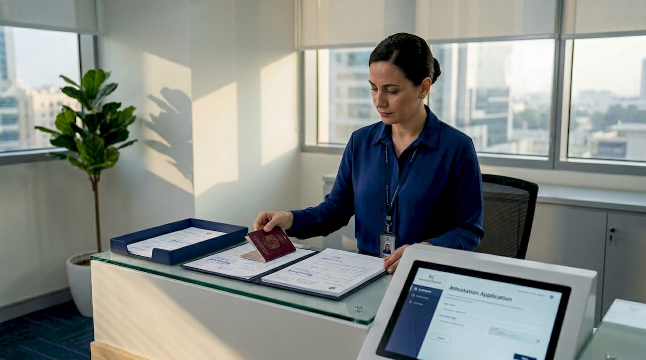Clerk checks documents at UAE government service counter