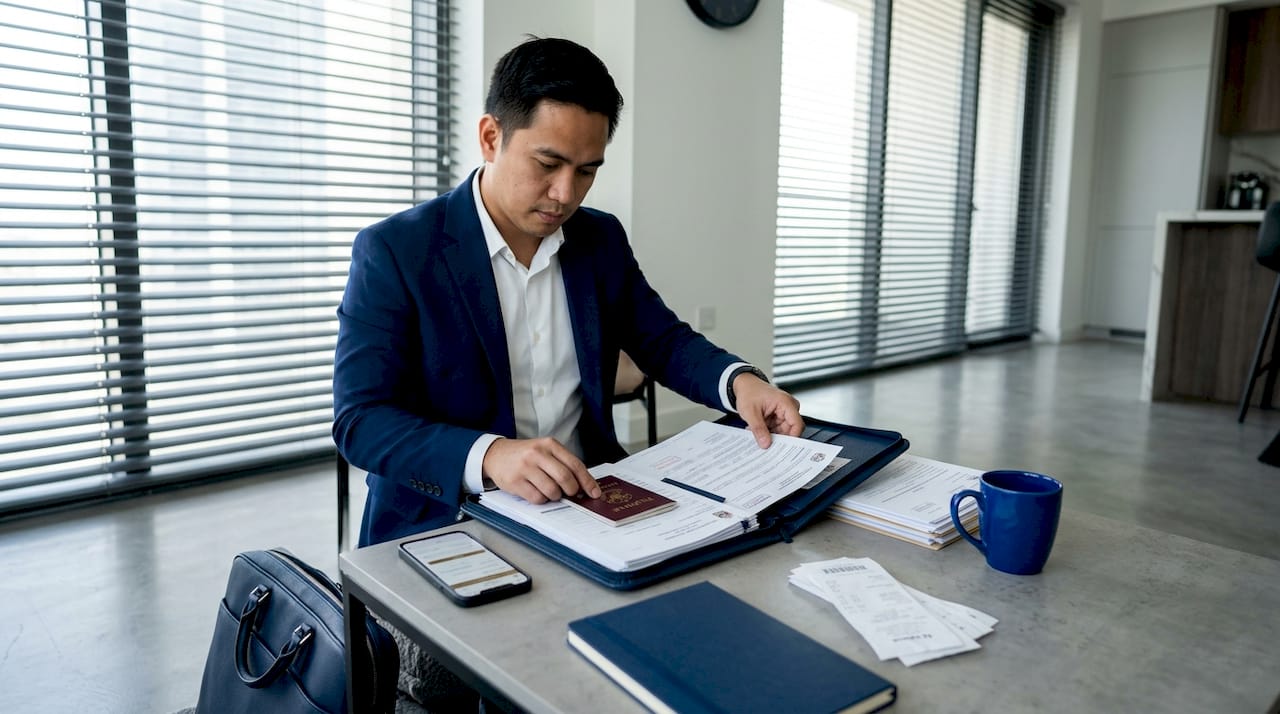 Filipino expat sorting official documents at home