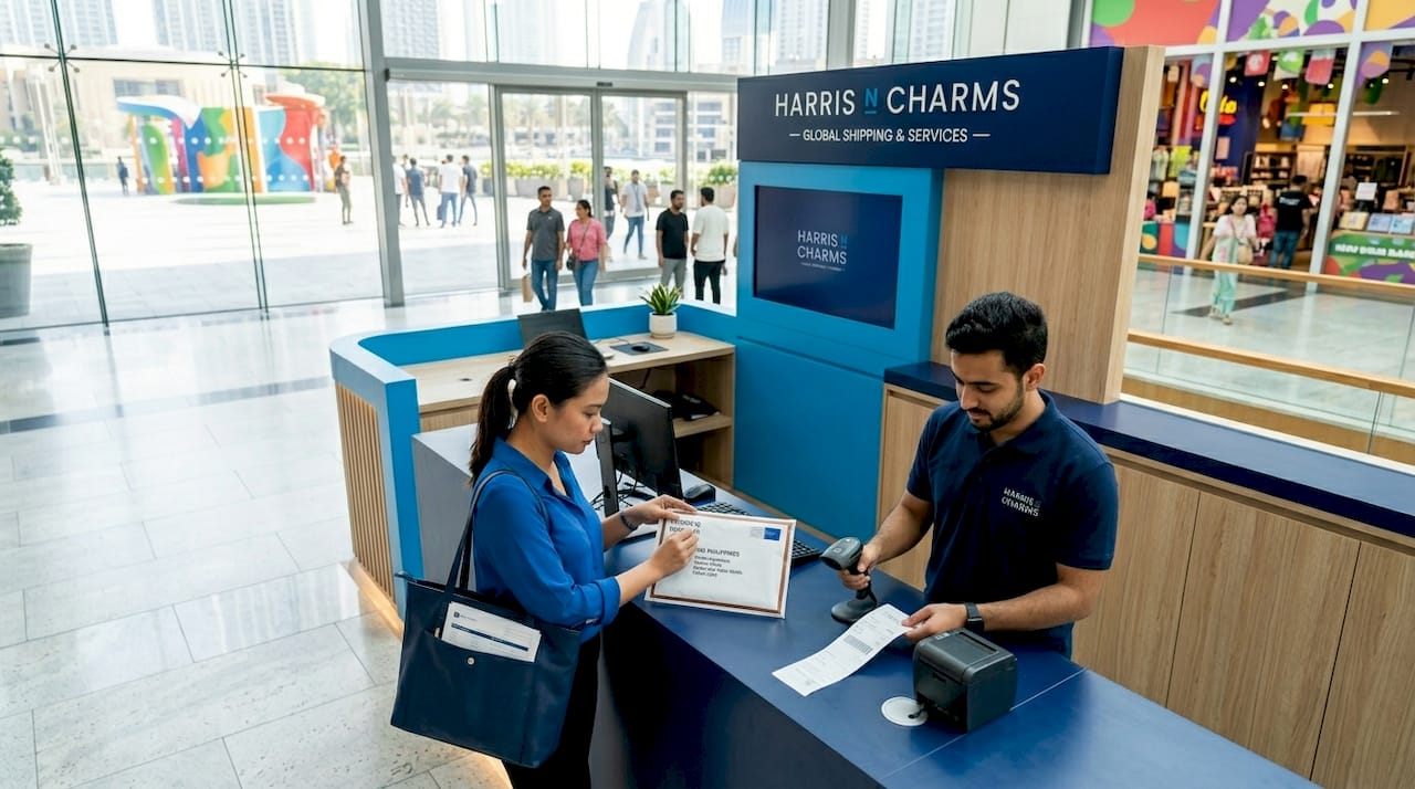 Filipina couriering documents at service counter