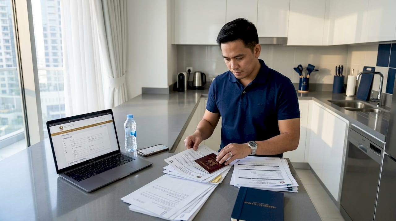 Filipino expat organizing UAE visa documents