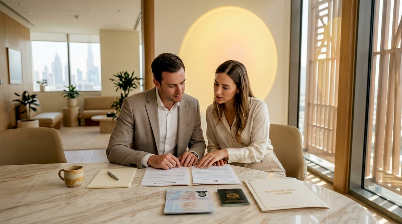 Couple preparing marriage paperwork in office
