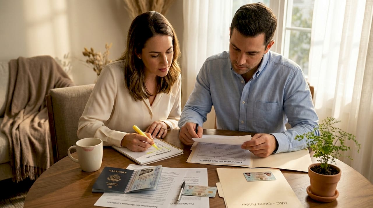 Couple preparing documents at kitchen table for marriage registration