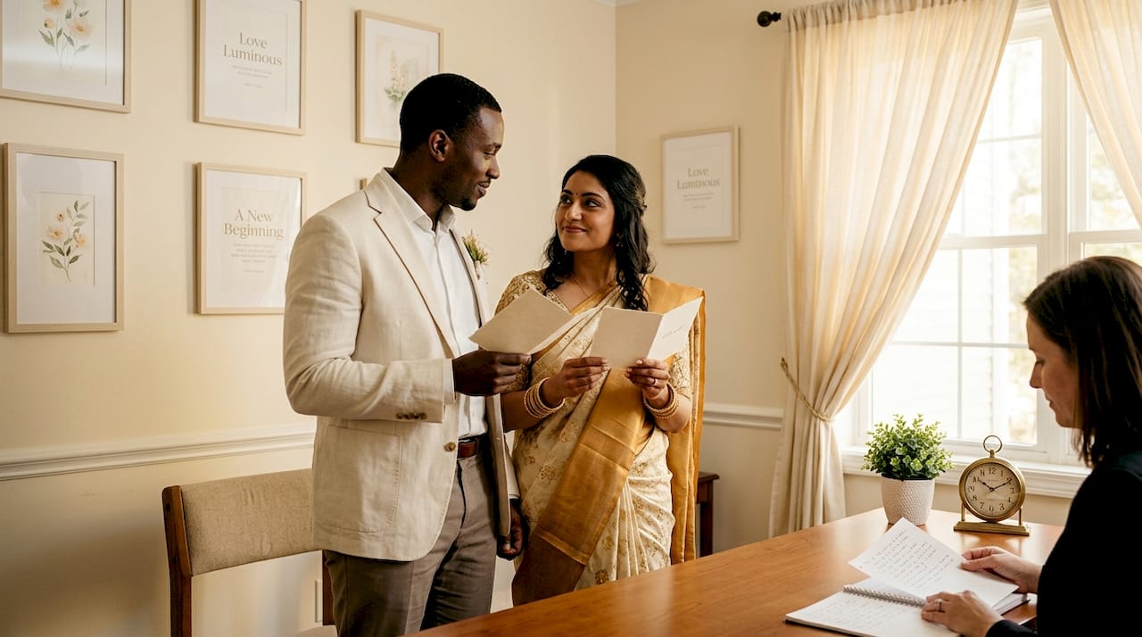 Couple holds vow cards in civil office