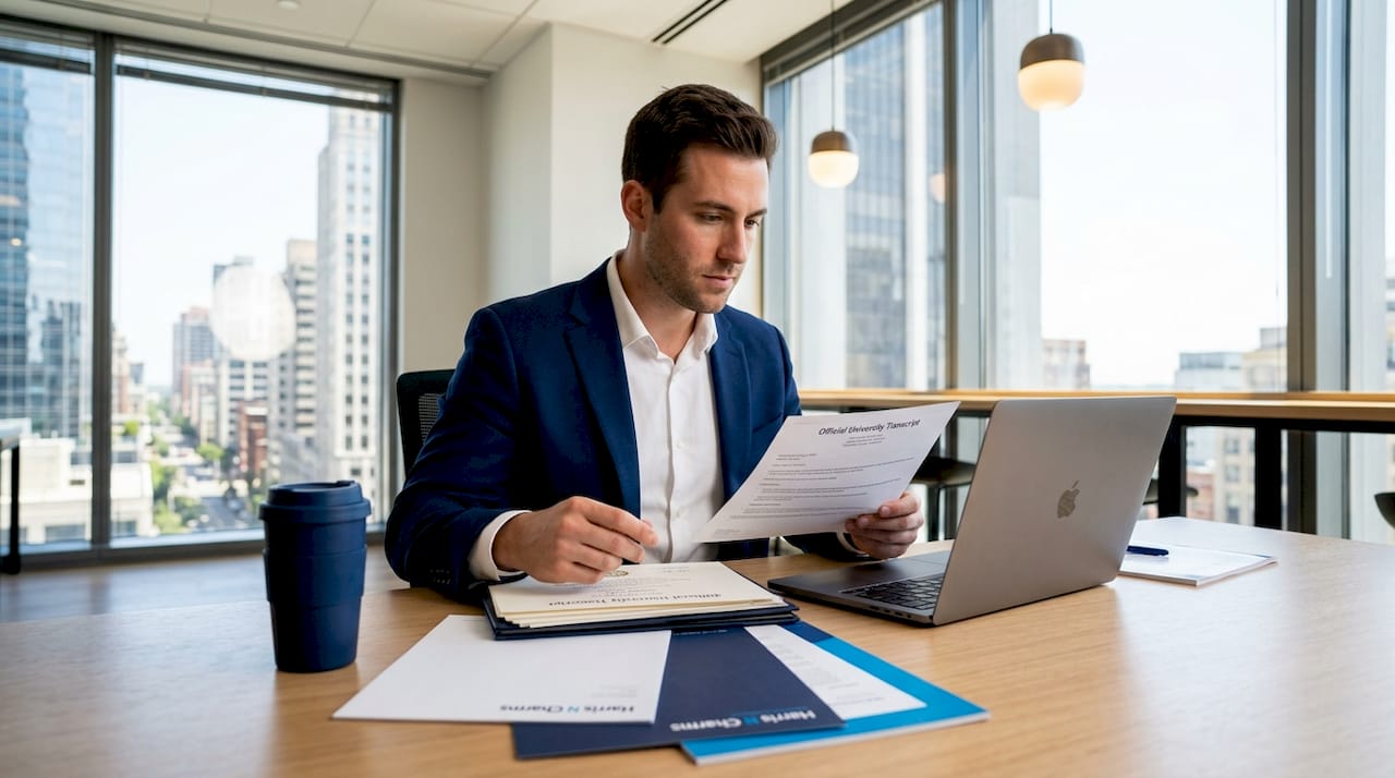 Professional verifying diplomas in embassy office