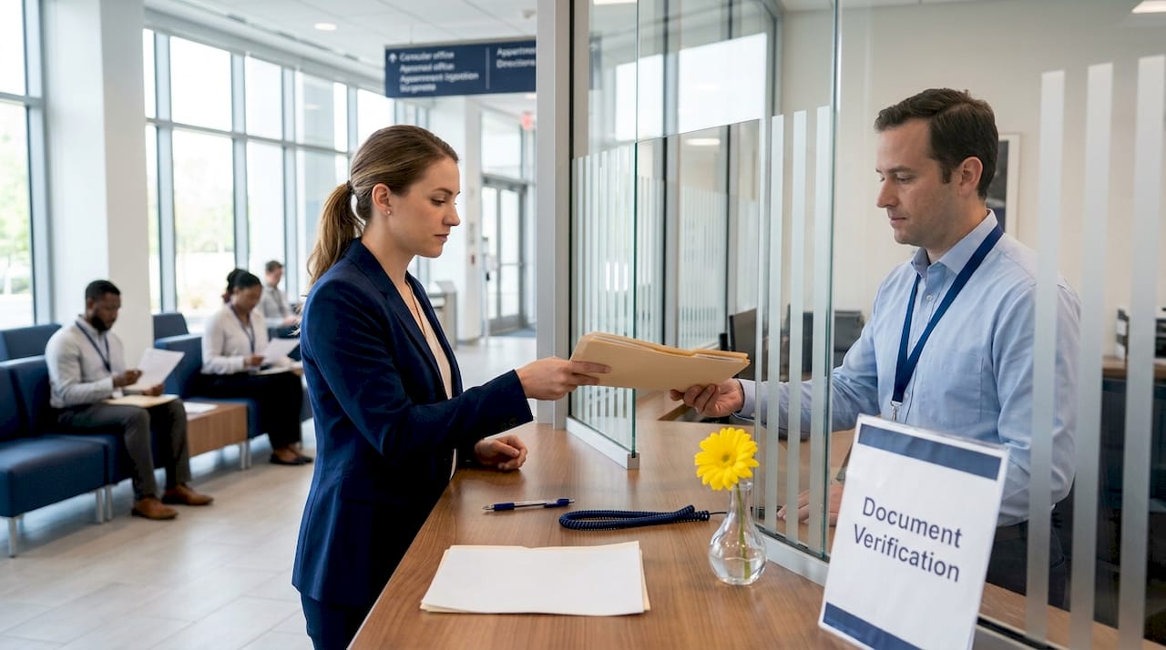 Applicant submitting paperwork at embassy window