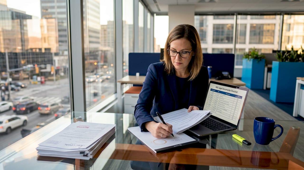 Officer reviews documents at bright office desk