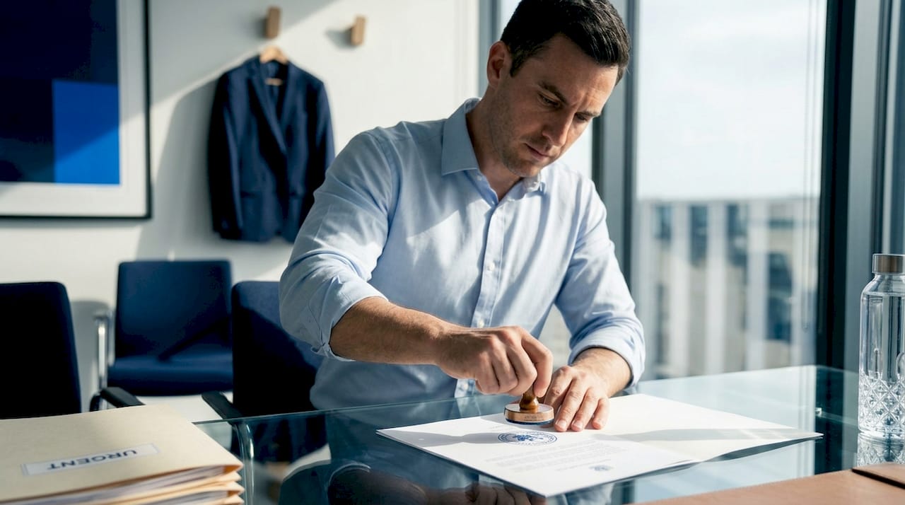 Embassy worker stamping official document at desk