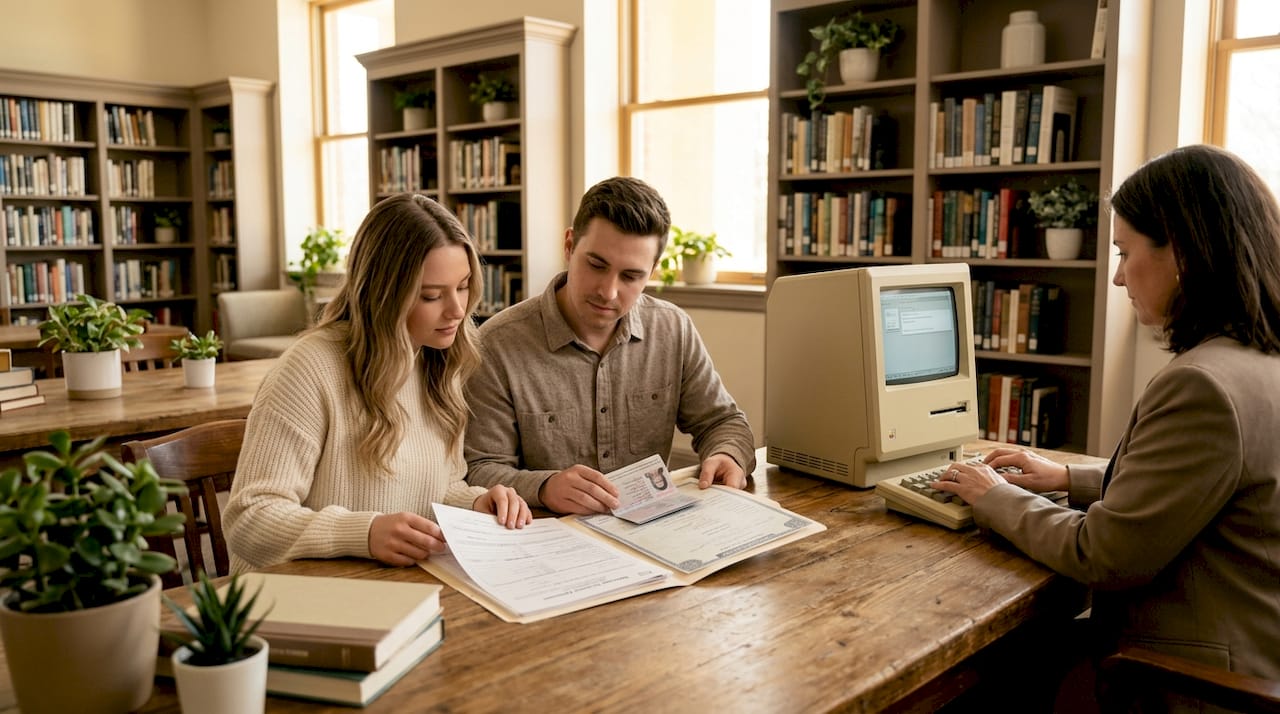 Couple prepping civil wedding paperwork in office