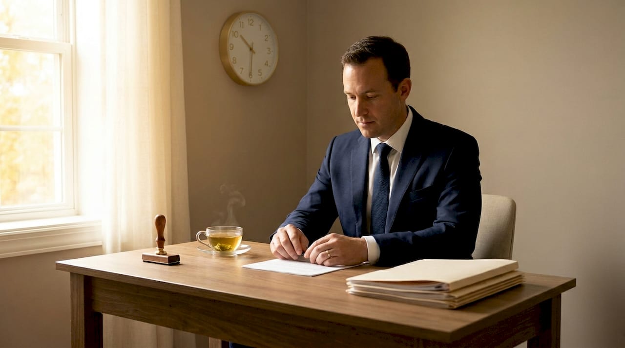 Officiant signing marriage certificate in ceremony room