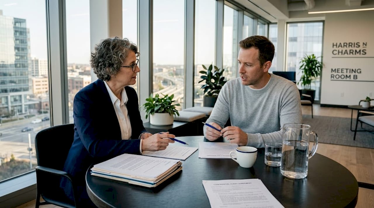 Advisor and client review contract in office
