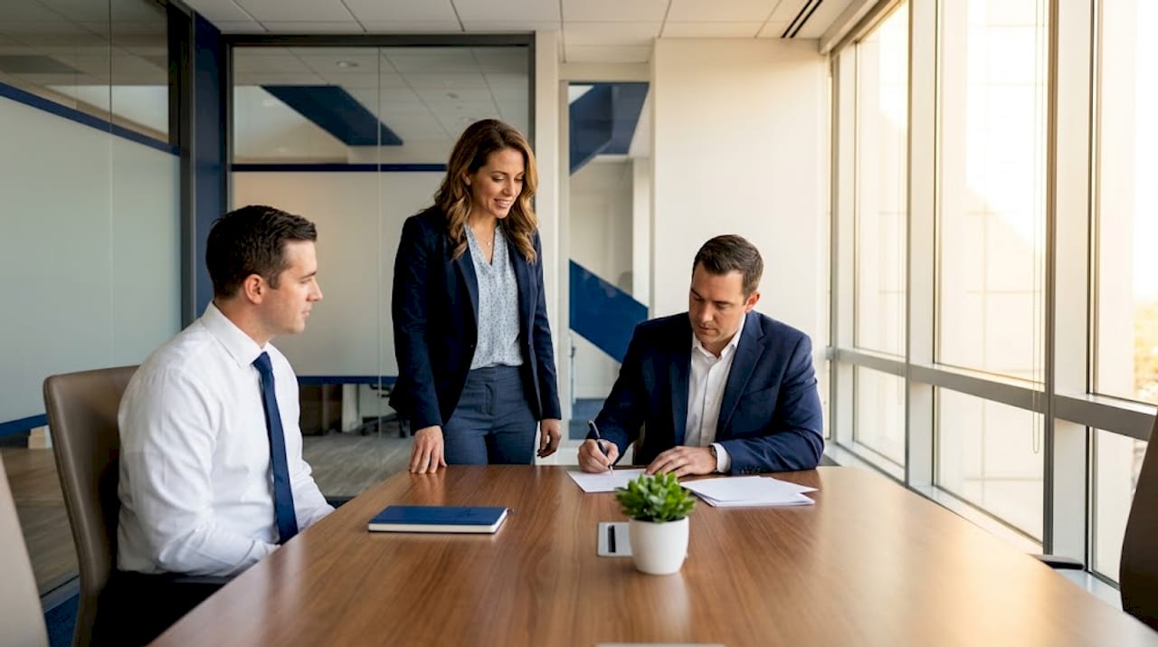 Witness observing contract signing at conference table