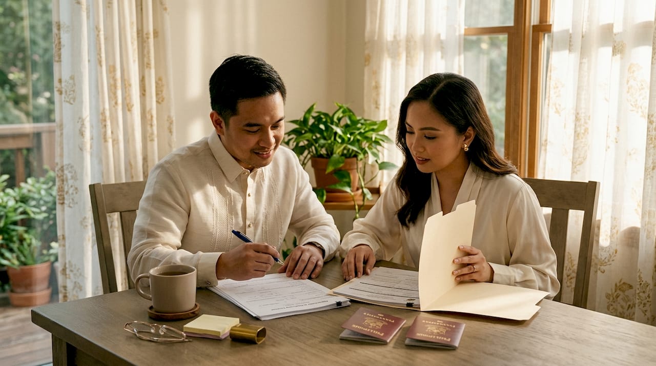 Couple reviewing wedding documents at table