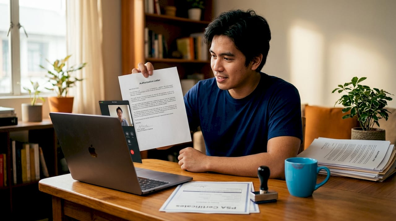 Man shows PSA documents during video call