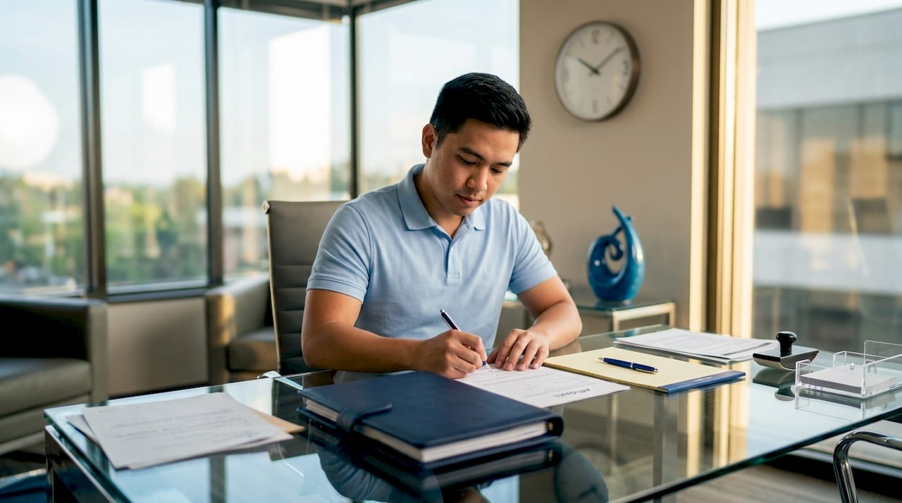 Man preparing affidavit in notary office