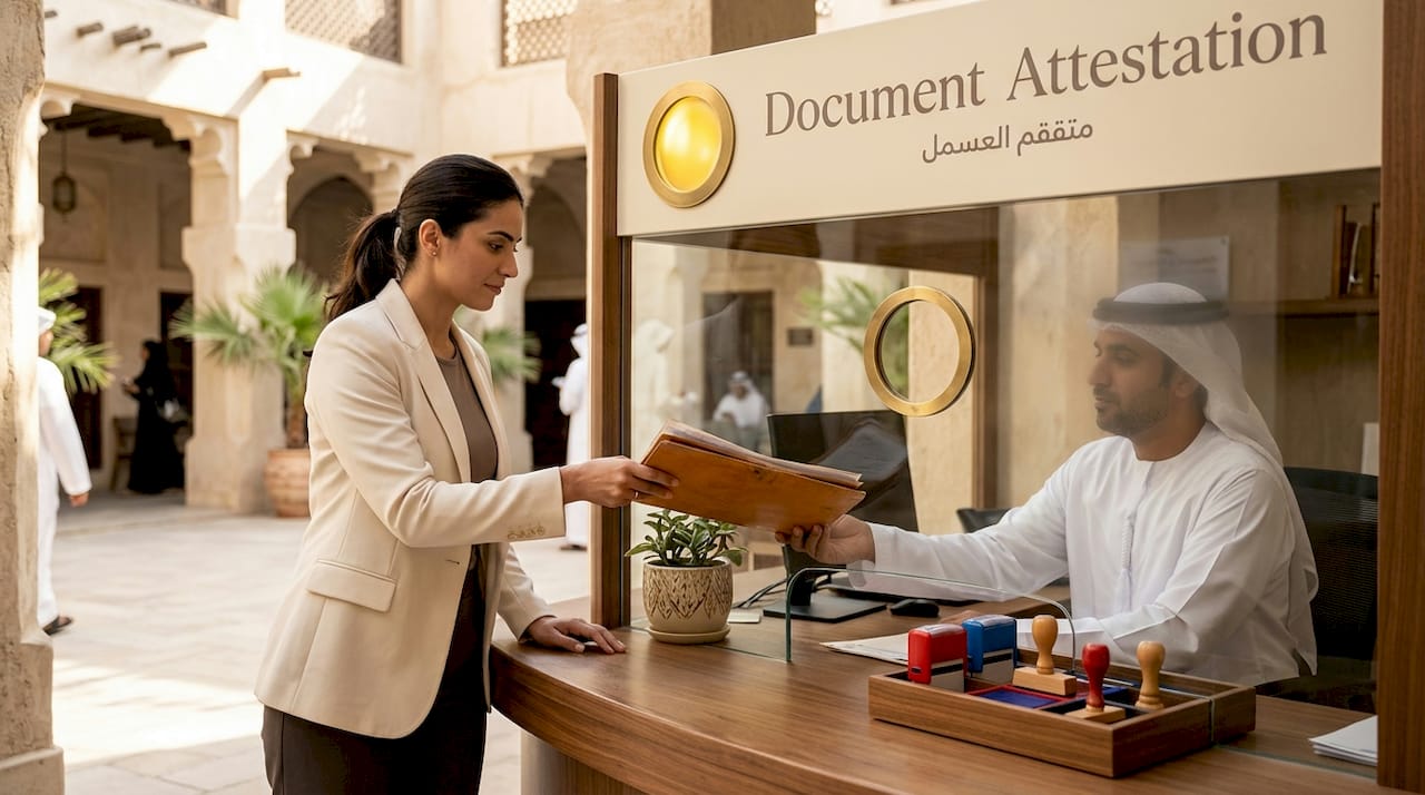Handing documents at government attestation desk