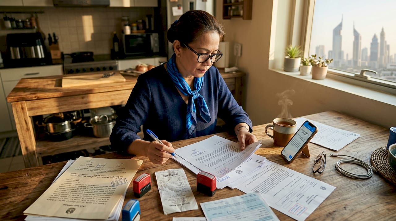 Woman reviewing translated embassy documents at home