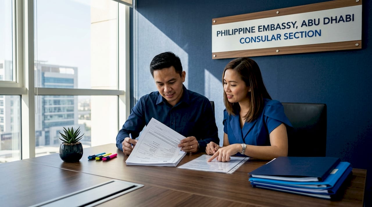 Couple reviewing Report of Marriage form at embassy