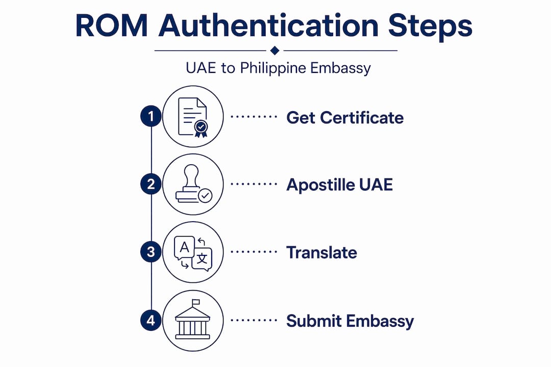 Infographic of ROM authentication and embassy submission steps