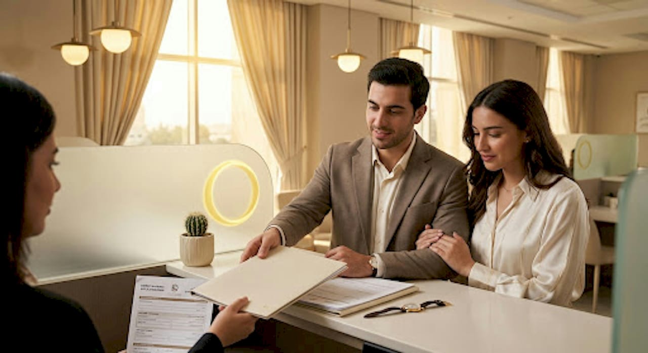 Couple submitting marriage registration documents in UAE office