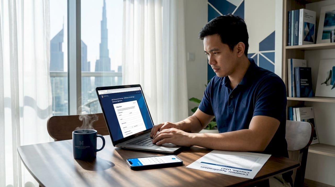 Filipino man applying online for Cenomar in UAE