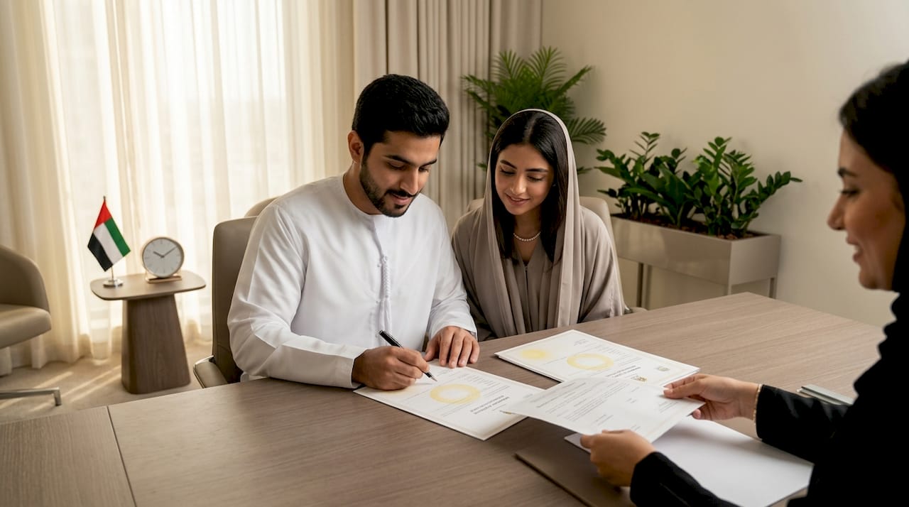 Emirati couple signing marriage documents