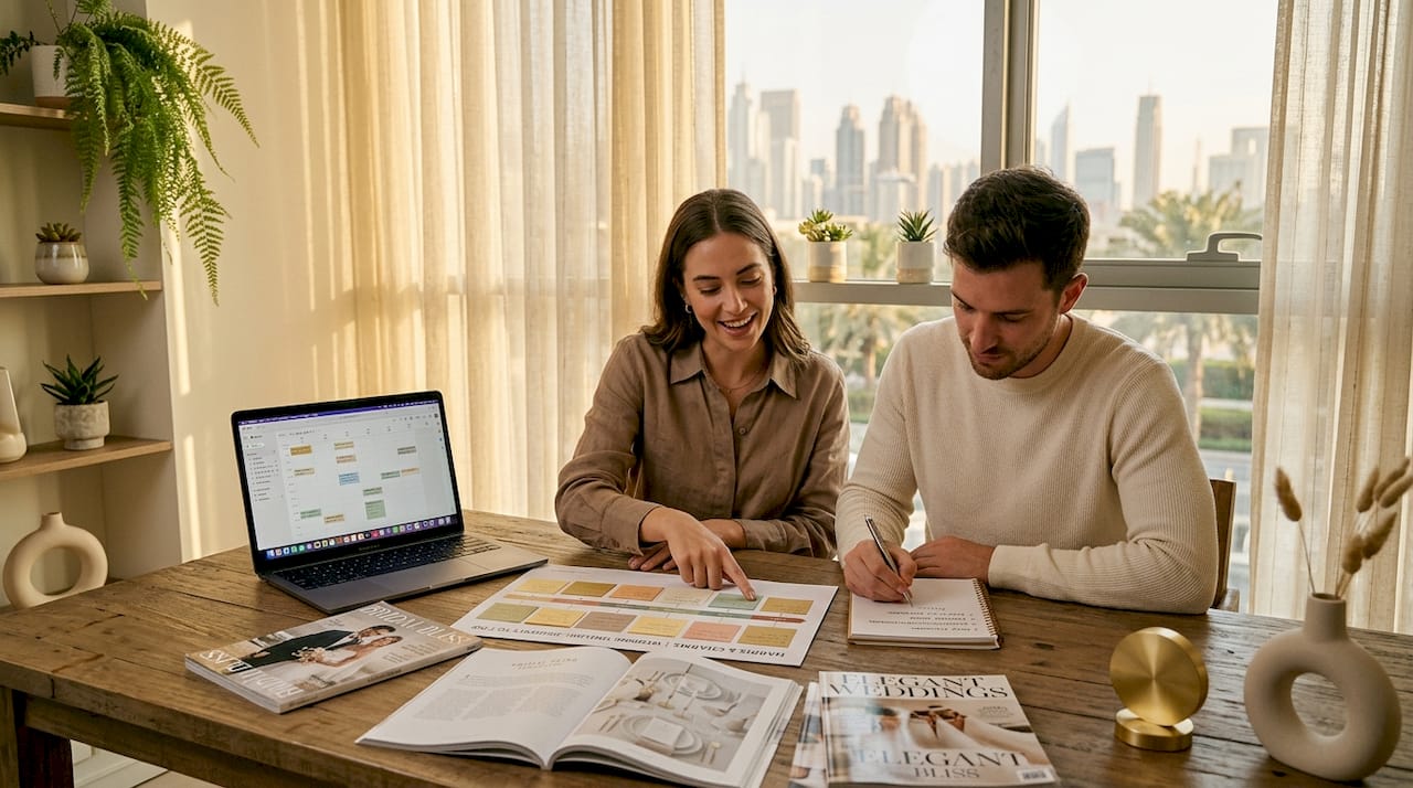 Couple planning wedding timeline together