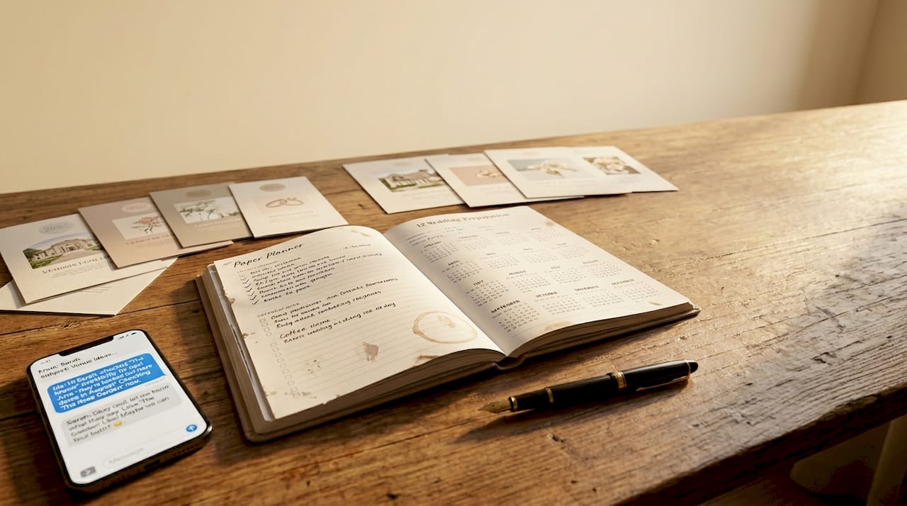 Wedding preparation calendar on desk