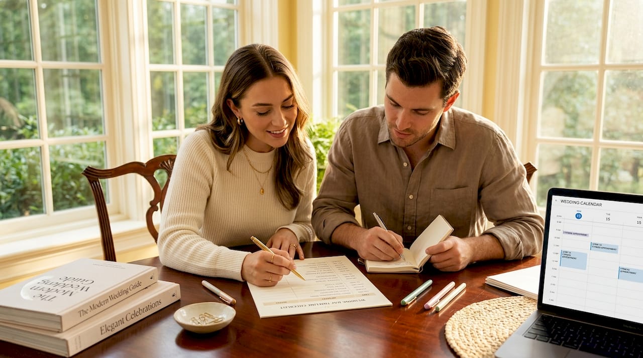 Couple reviewing wedding timeline checklist