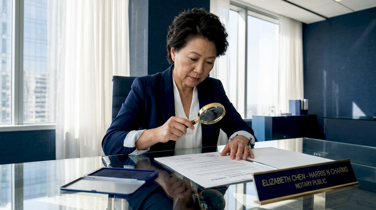 Notary public verifying documents in office