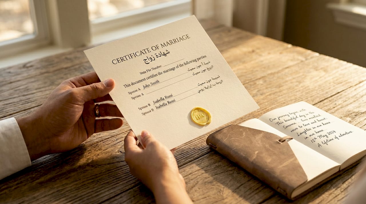 Hands holding Abu Dhabi civil marriage certificate