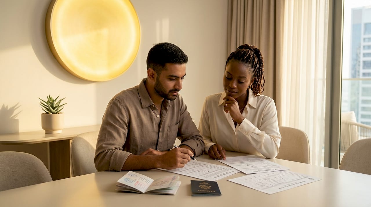 Expat couple reviewing marriage documents indoors