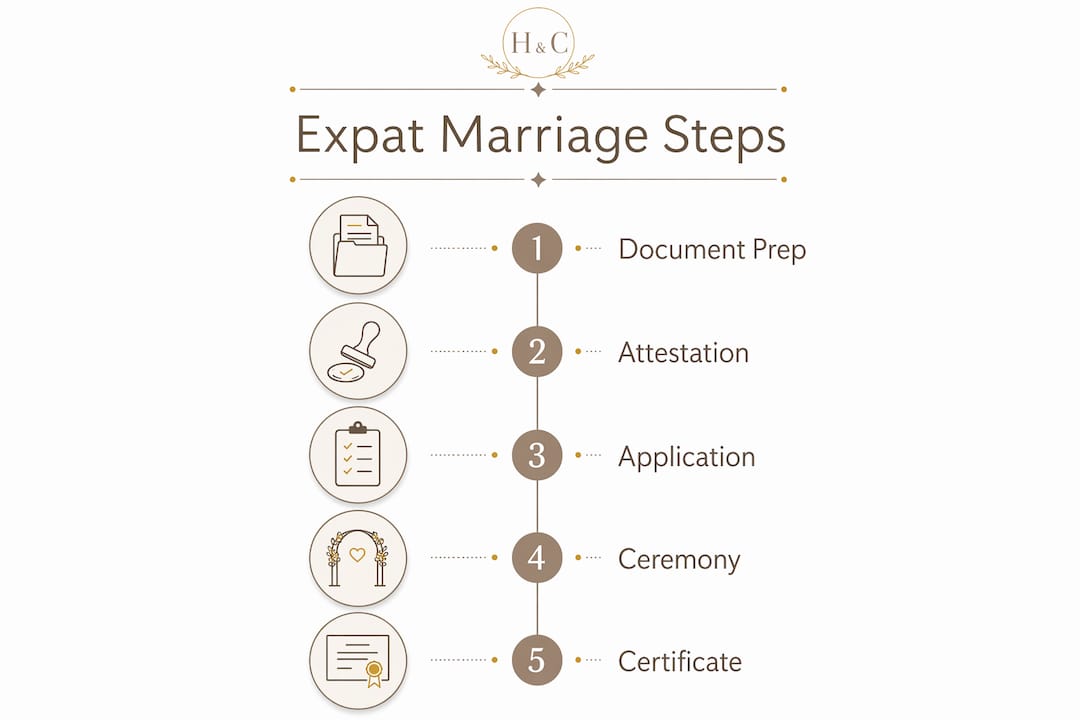 Infographic outlining five key expat marriage steps