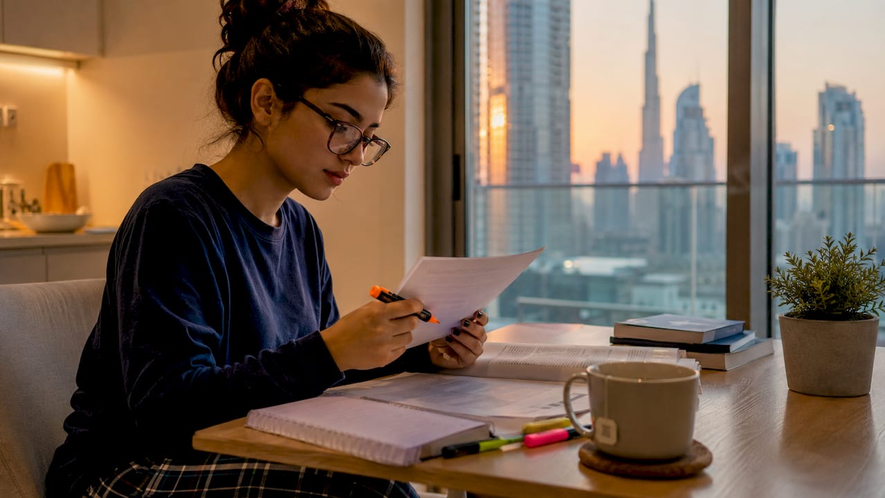 Student reviewing apostille document at desk