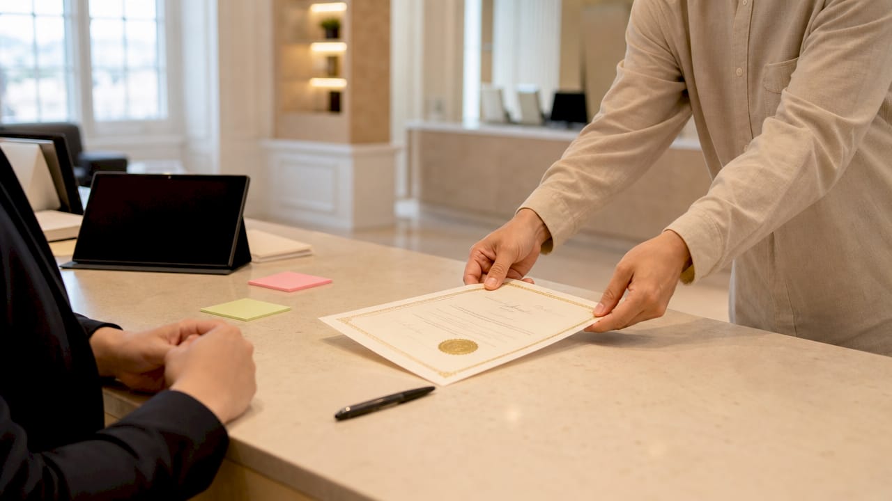 Hands holding marriage certificate in government center