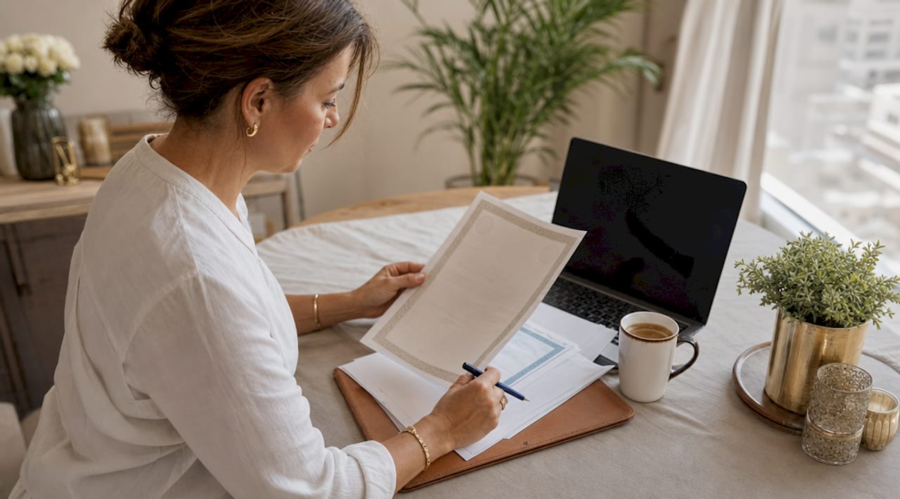 Expat reviewing marriage certificate documents at home desk