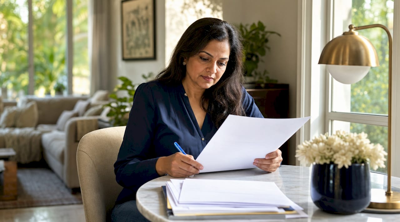 Woman reviewing bonafide certificate at desk