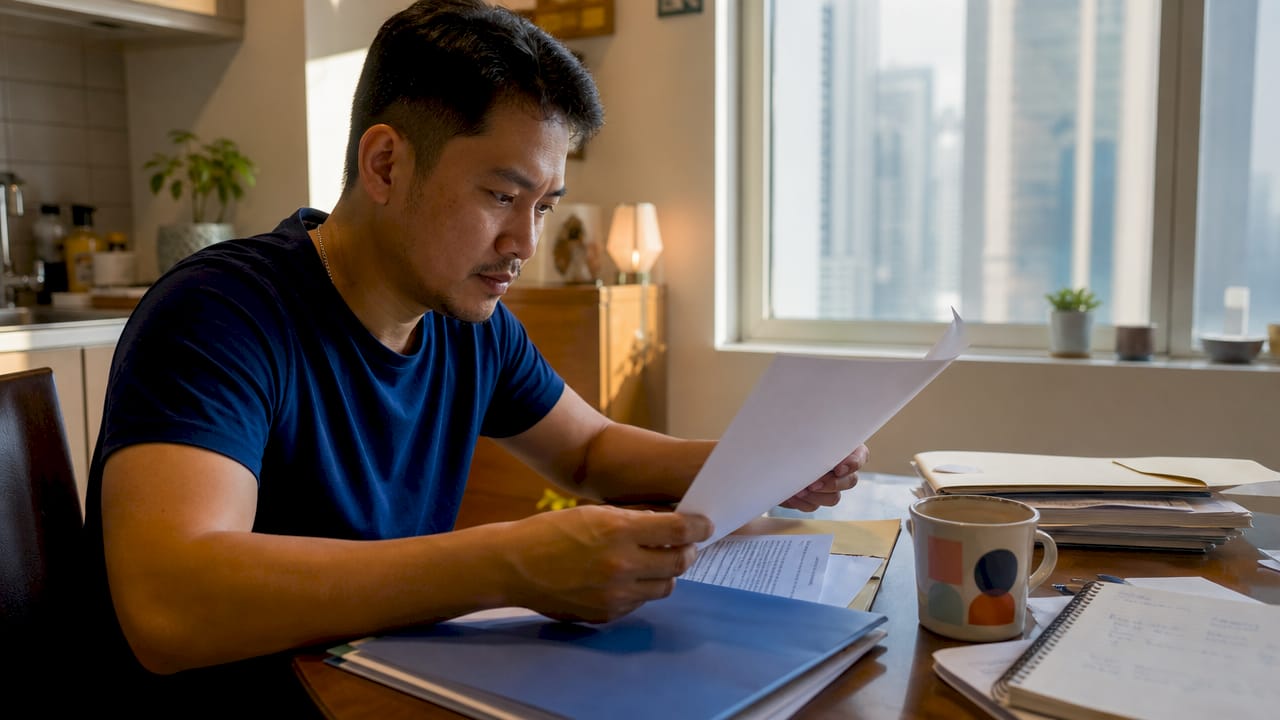 Expat reviewing power of attorney document at home