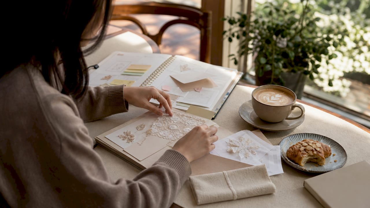 Hands arranging wedding planning materials