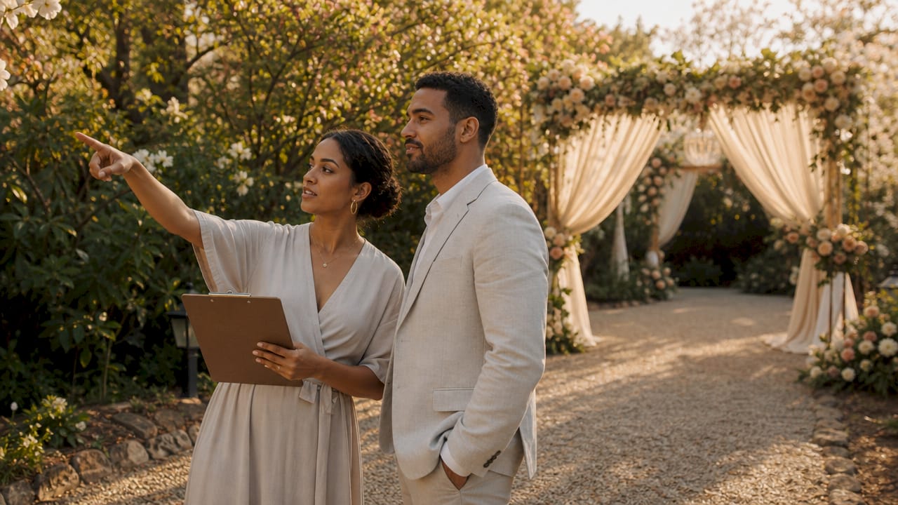 Couple choosing outdoor wedding venue