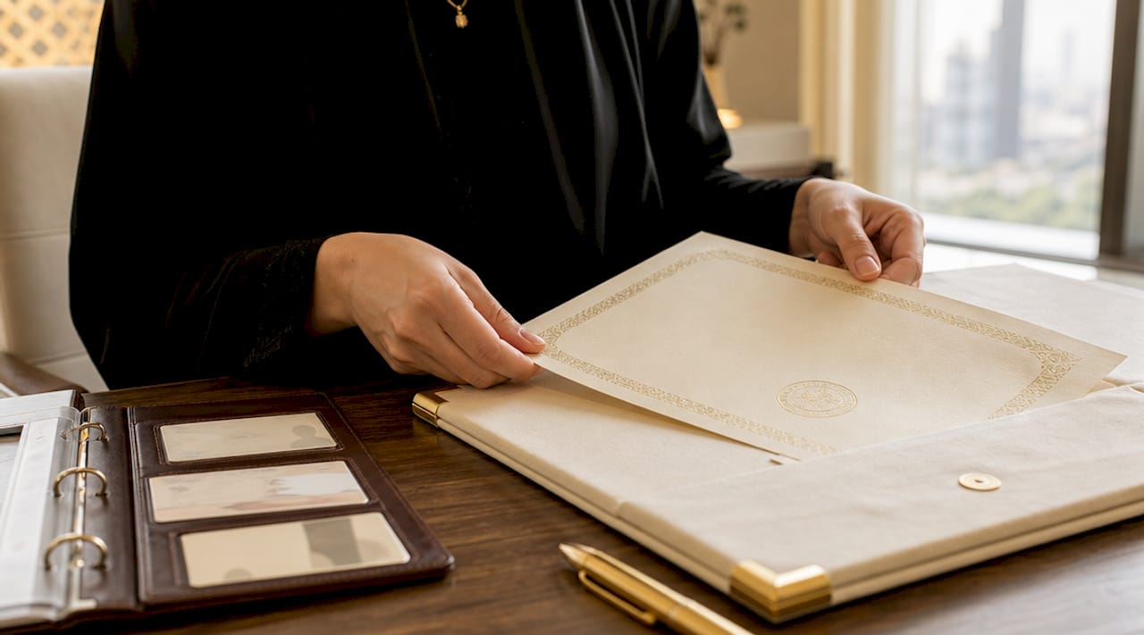 Hands placing Islamic marriage certificate in portfolio